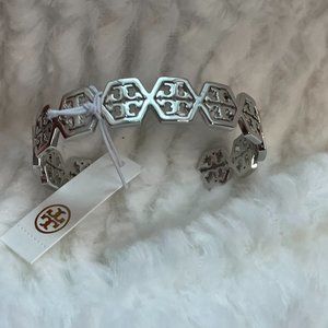Tory Burch Silver Hex Frozen Logo Cuff Bracelet